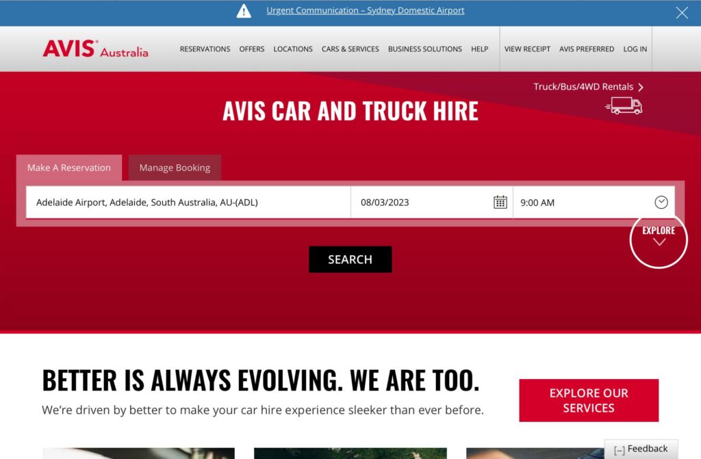 Avis Car Rental's Homepage