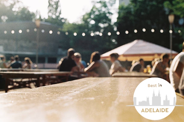 Beer garden table and people in background